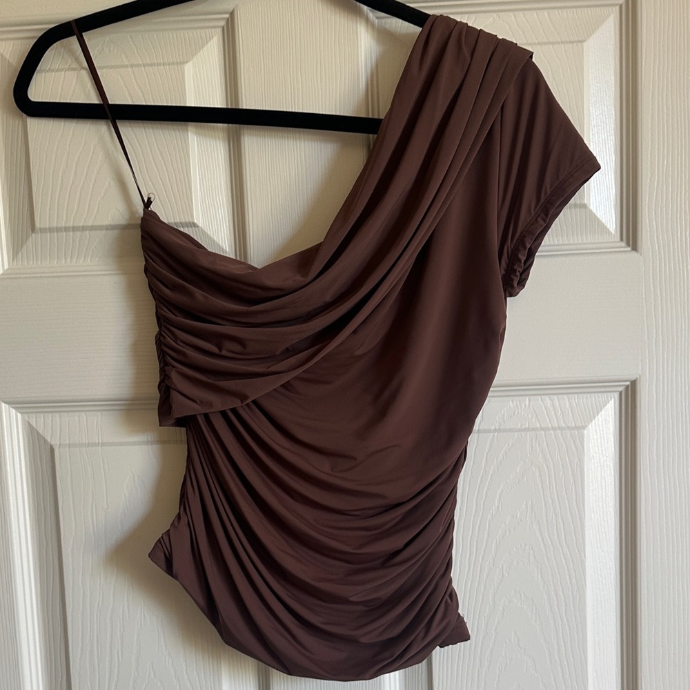 Tic Toc Brown Draped One Shoulder Top